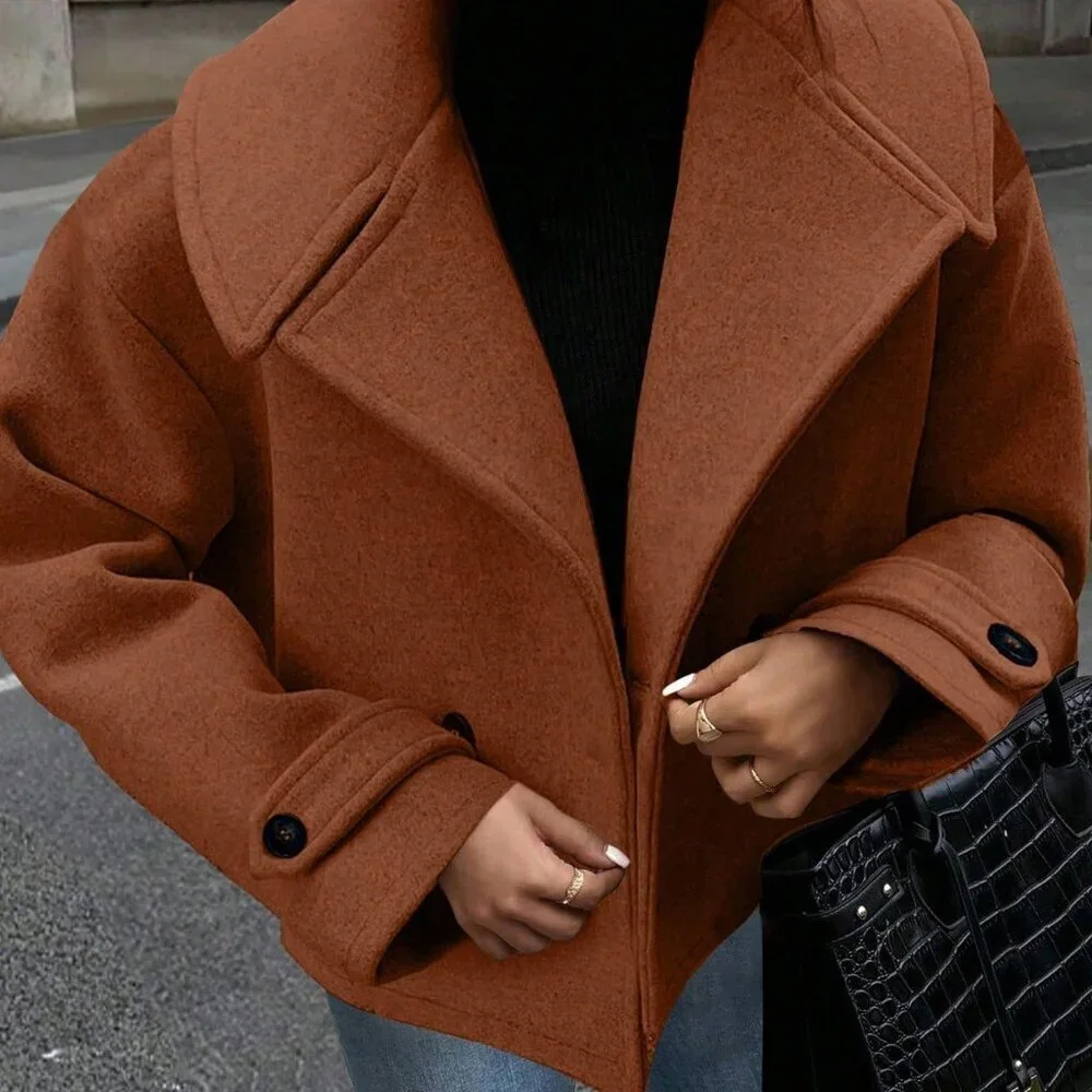 Brown Casual Women's Oversized Collar Button down Long Sleeve Coat
